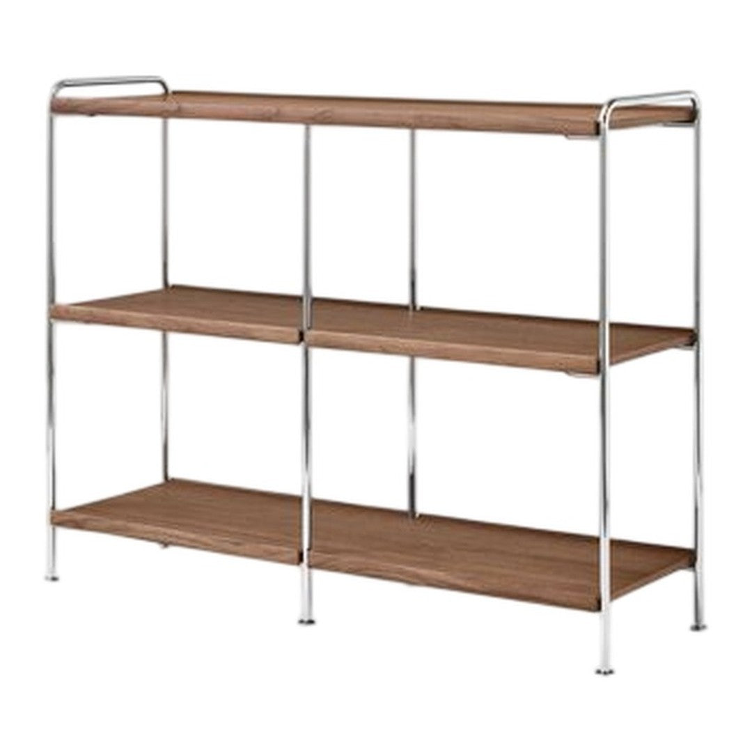 Wooden shelves with a warm brown finish and sleek chrome frame, featuring a minimalist design. Perfect for modern decor.