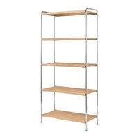 Minimalist chrome shelf with light wood shelves in a clean, modern design. Perfect for any contemporary space.