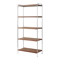 "Modern chrome shelving unit with warm wooden shelves, featuring a sleek, minimalist design."