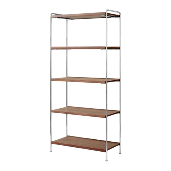 "Modern chrome shelving unit with warm wooden shelves, featuring a sleek, minimalist design."