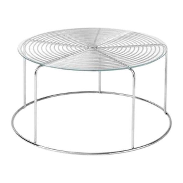 Circular glass coffee table with a spiral metal base in chrome finish, adding modern elegance to any space.