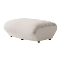 Light beige upholstered ottoman with smooth curves and subtle pleated detailing, ideal for modern decor.