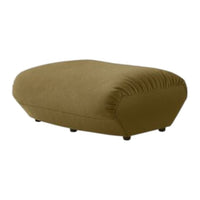 Olive green, smooth fabric pouf with rounded edges and subtle stitching detail, perfect for modern decor.