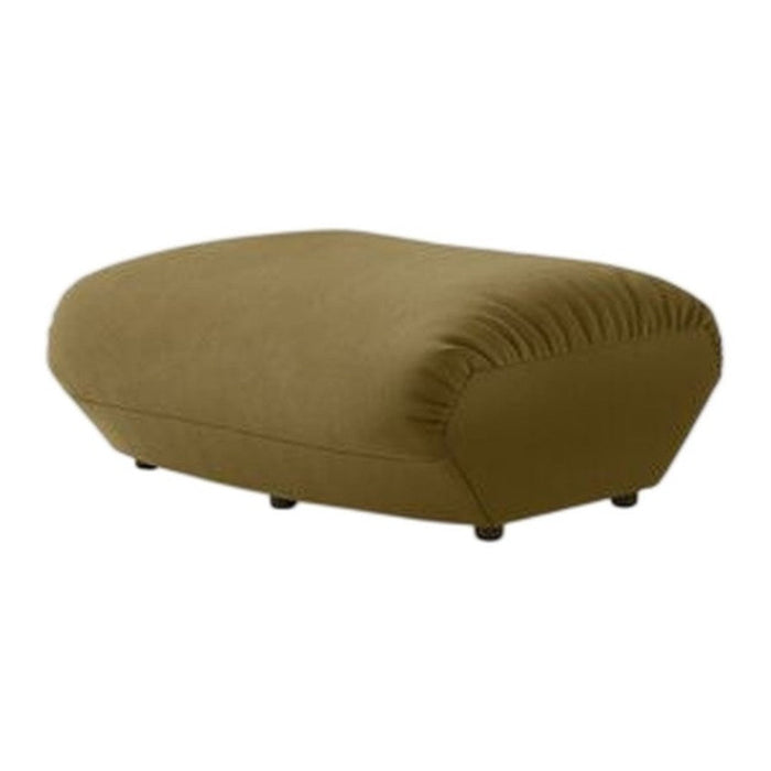 Olive green, smooth fabric pouf with rounded edges and subtle stitching detail, perfect for modern decor.