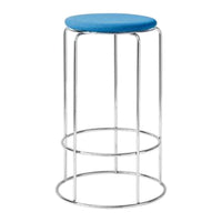 Blue padded stool on a sleek chrome base, featuring a modern minimalist design. Ideal for contemporary spaces.