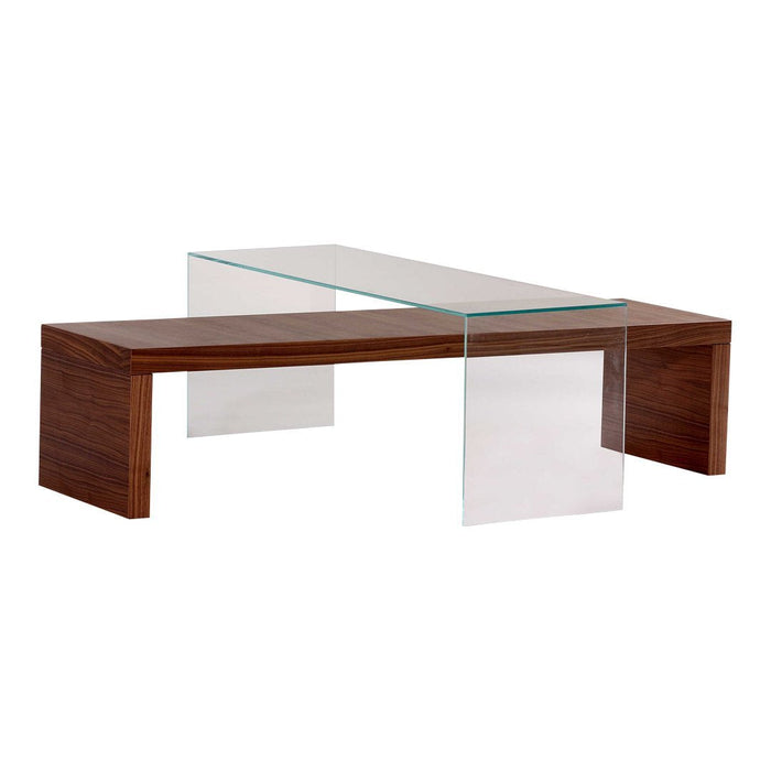 Wooden coffee table with a walnut finish and a clear glass top, featuring a modern minimalist design.