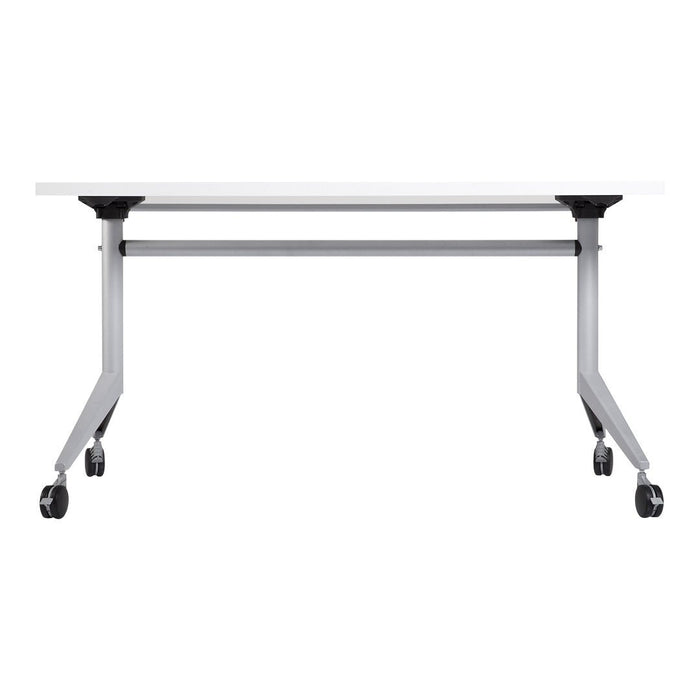 Modern white office desk with a sleek, minimal design and polished silver legs on wheels.