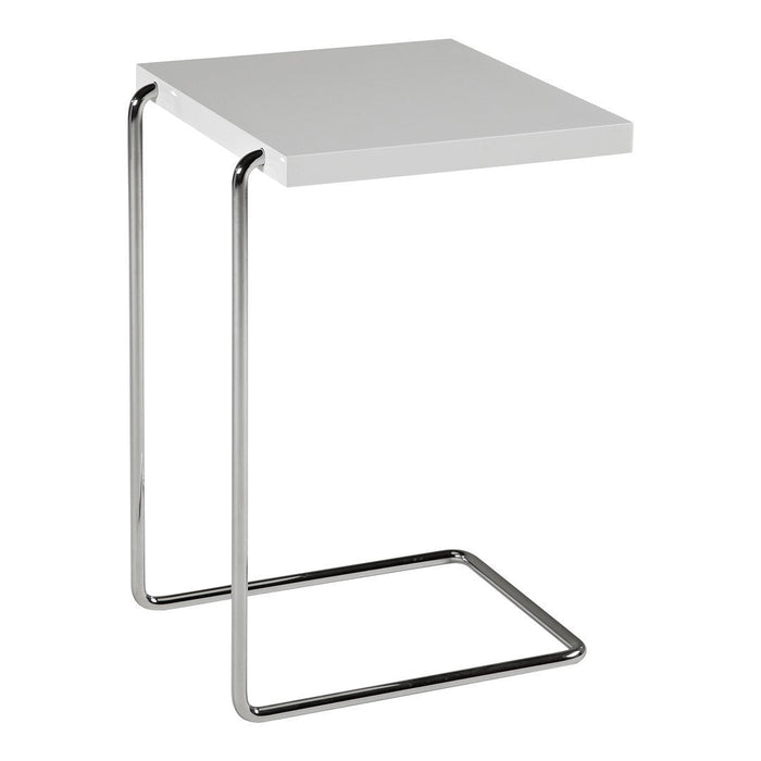 Sleek white tabletop with a minimalist chrome frame, perfect for modern decor.