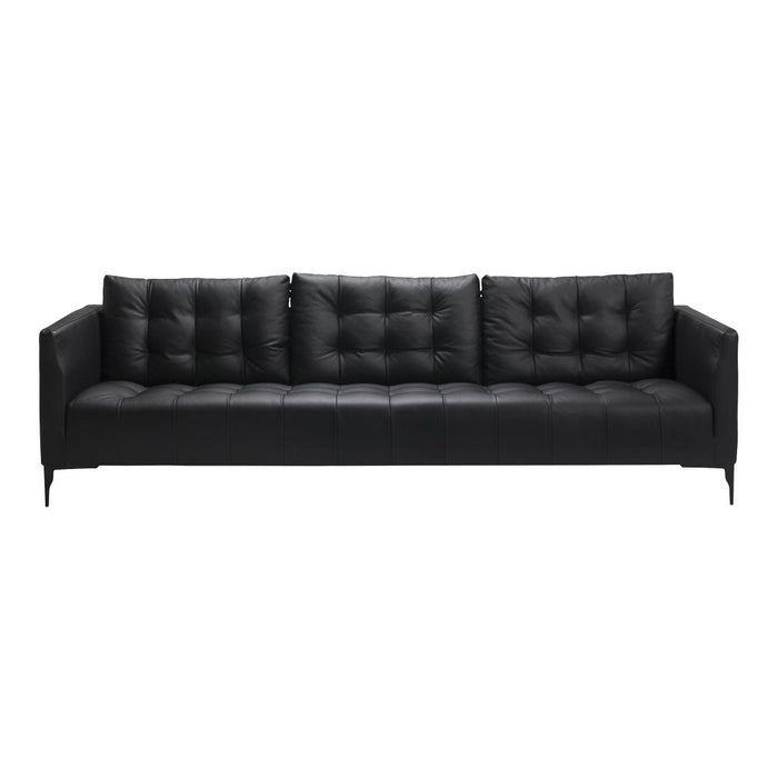Stylish black leather sofa with tufted cushions and sleek, modern design. Perfect for contemporary living spaces.