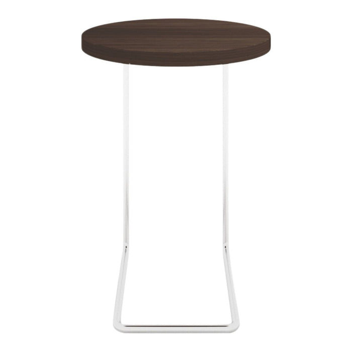 Round dark wood top with sleek white metal legs, modern minimalist design, perfect for contemporary decor.