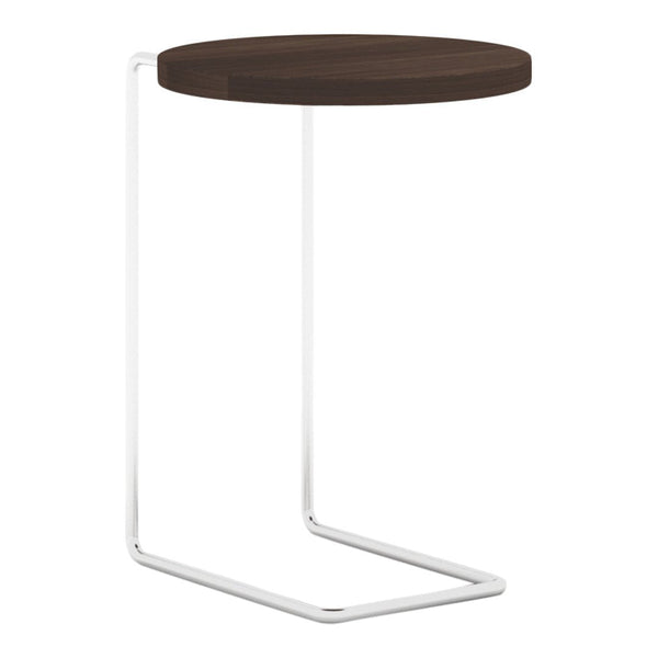 Modern side table with a round dark wood top and sleek white metal base, featuring a minimalist design.