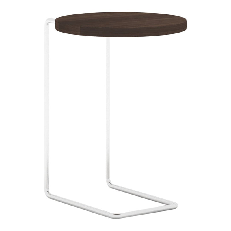 Modern side table with a round dark wood top and sleek white metal base, featuring a minimalist design.