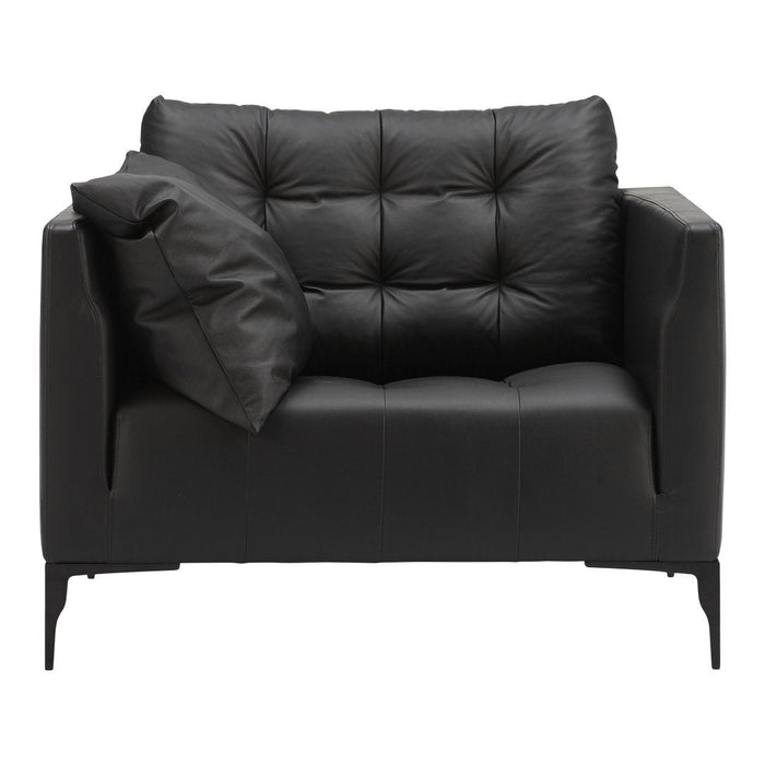 Stylish black leather loveseat with tufted design and a matching cushion, ideal for modern decor.