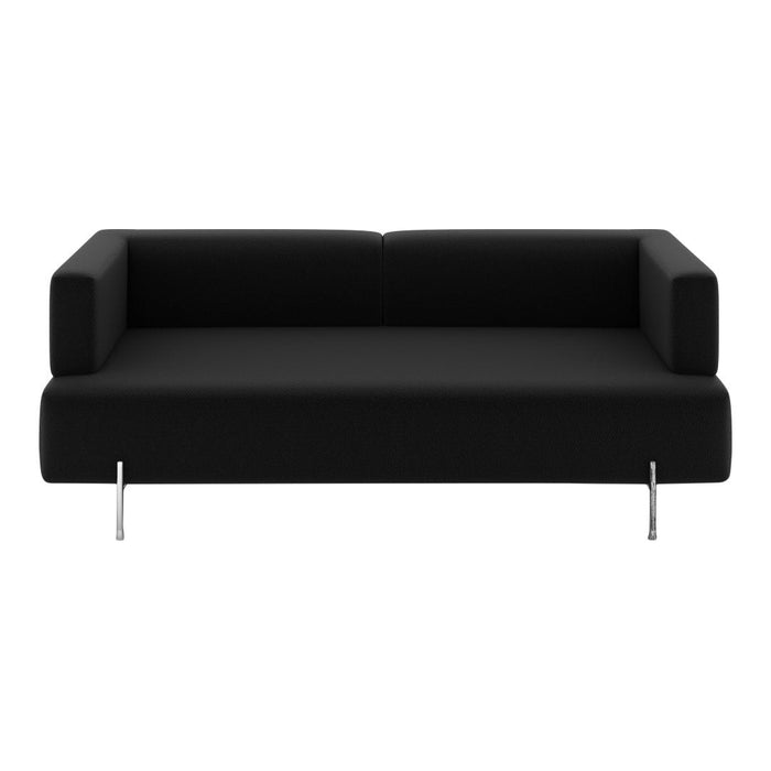 Modern black sofa with sleek minimalist design and chrome legs, perfect for contemporary interiors.