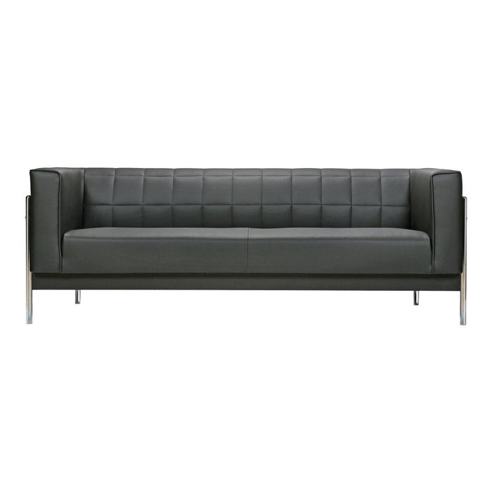 Stylish black leather sofa with a quilted pattern and sleek chrome legs, perfect for modern interiors.