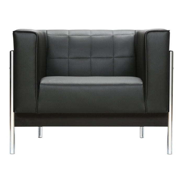 Sleek black leather armchair with a quilted pattern and chrome legs, adding modern elegance to any space.