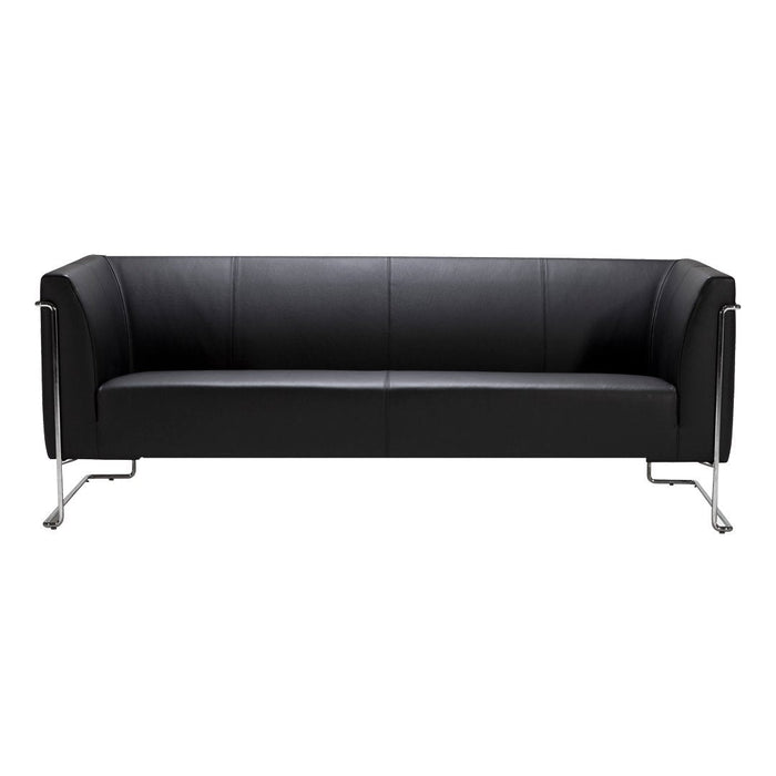 Modern black leather sofa with sleek chrome accents and minimalist design, perfect for contemporary interiors.