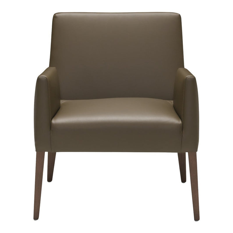 Olive green leather armchair with smooth texture and minimalist wooden legs in a natural finish. Free from patterns.