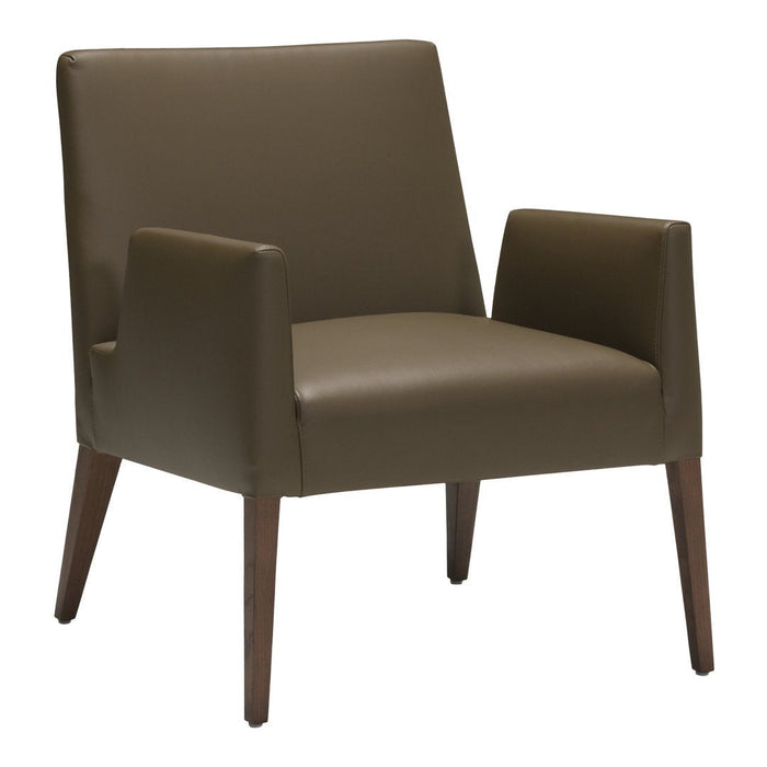 Elegant brown leather armchair with sleek wooden legs, showcasing minimalist design and modern style.