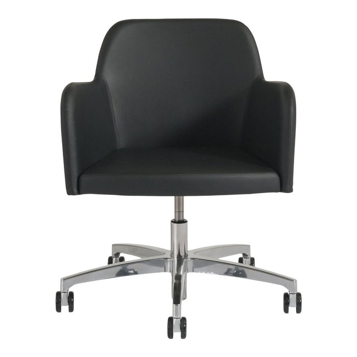 Black upholstered chair with a sleek design and chrome wheels, featuring a modern, minimalist style.