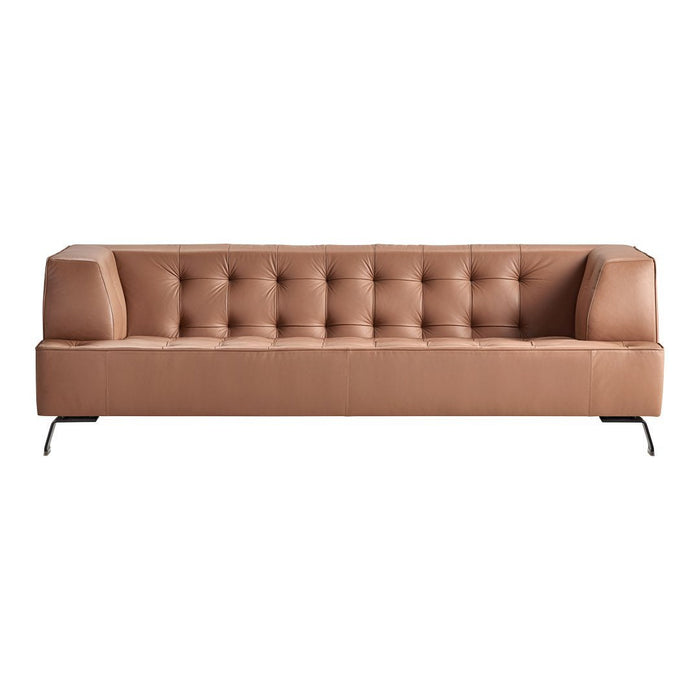 Tan tufted sofa with sleek, modern lines and black metal legs, perfect for stylish living spaces.