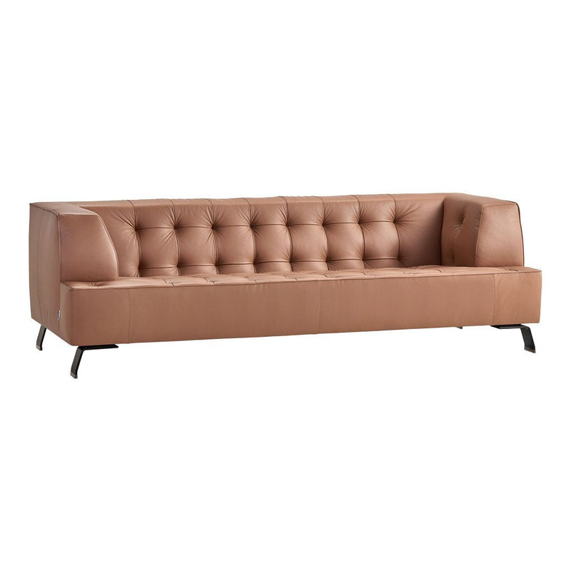 Brown tufted leather sofa with a modern design and sleek black legs. Perfect addition to contemporary decor.