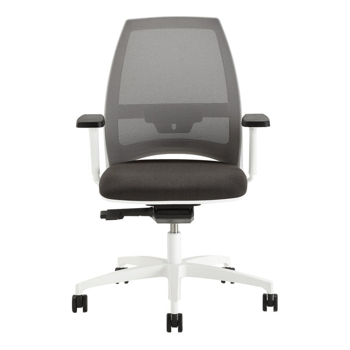 "Modern ergonomic office chair with a sleek black mesh back and plush black seat on a white base."