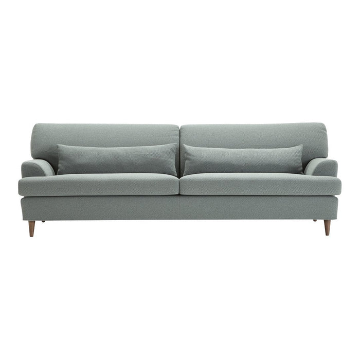 Light gray modern sofa with clean lines and soft cushions, featuring a minimalist design and wooden legs.