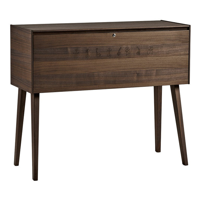 Walnut wood finish with a smooth surface, featuring a simple, modern design and sleek, tapered legs.