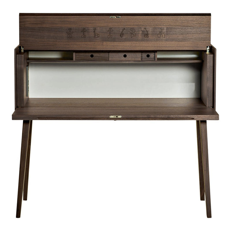 Dark walnut wood desk with clean lines, featuring a smooth, minimalistic design and subtle gold hardware accents.