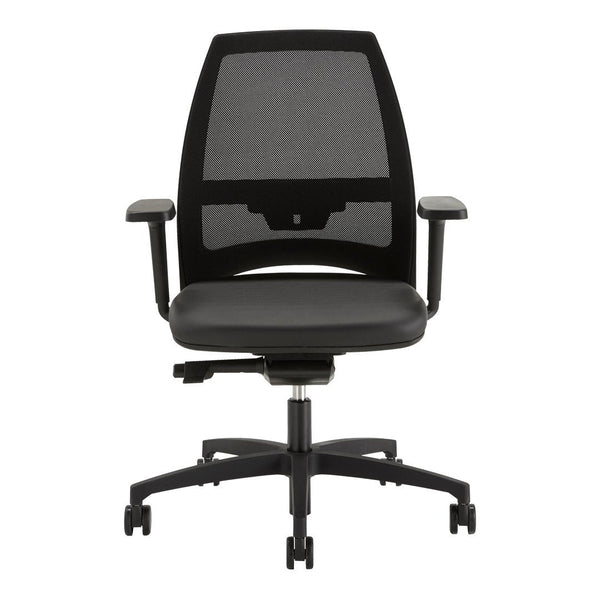 Black ergonomic office chair with mesh back and smooth leather seat, featuring five-wheel base for easy mobility.