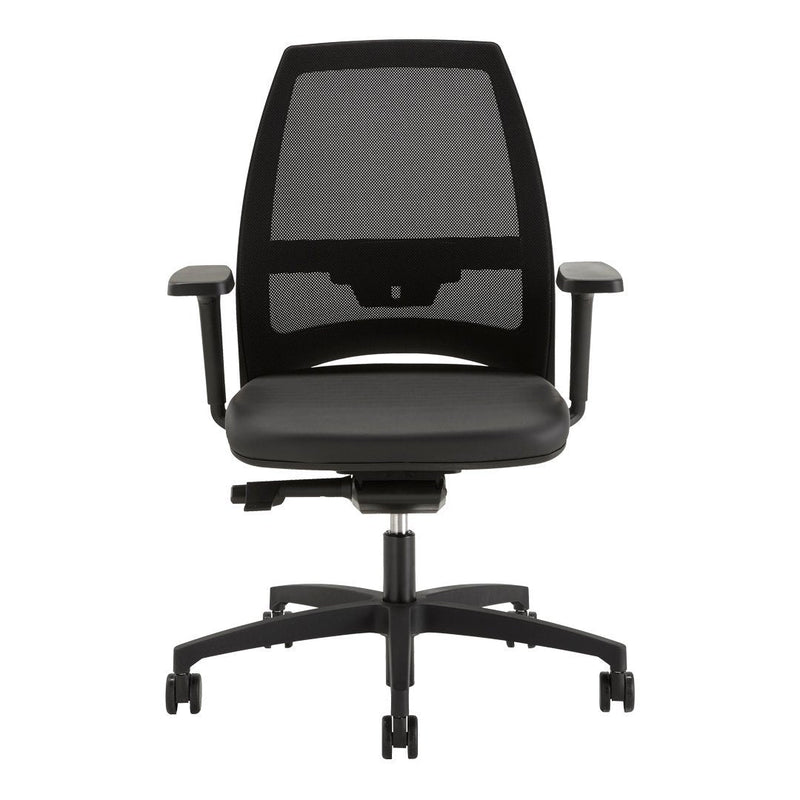 Black ergonomic office chair with mesh back and smooth leather seat, featuring five-wheel base for easy mobility.
