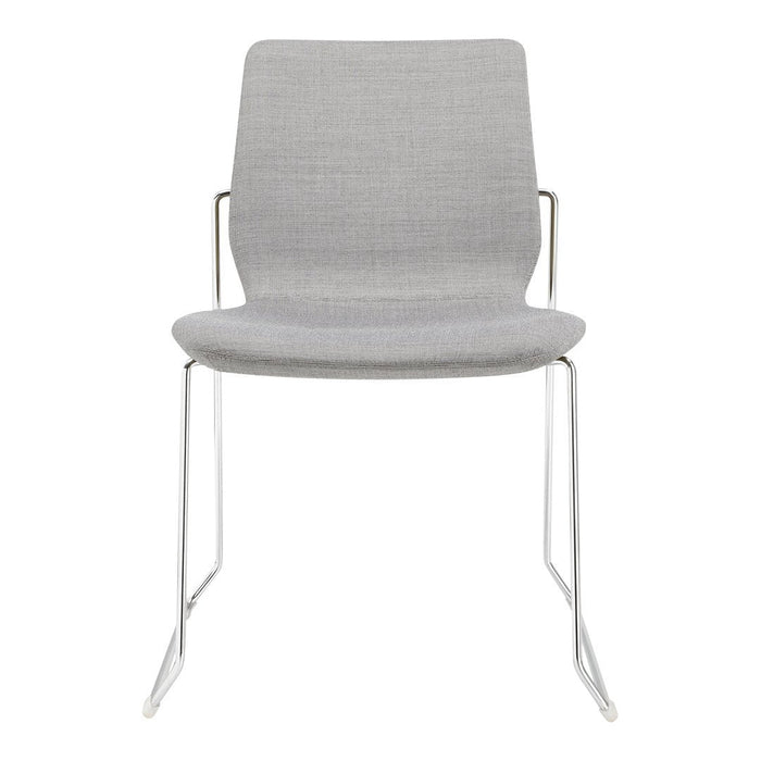Grey upholstered chair with a subtle patterned texture and sleek metal legs. Ideal for modern decor.
