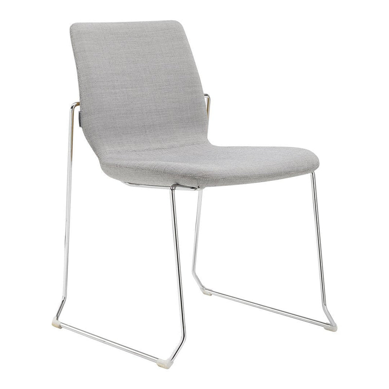 Light gray upholstered chair with a sleek, minimalist design and shiny chrome legs. Perfect for modern interiors.