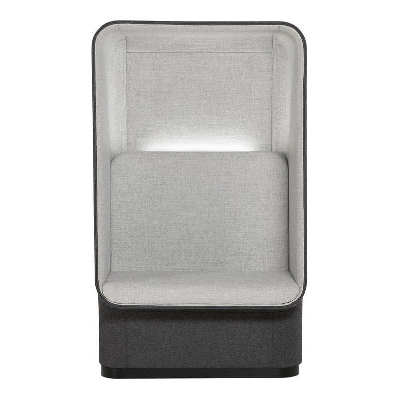 Gray upholstered chair with a sleek black base and minimalist design, featuring a smooth, clean texture.