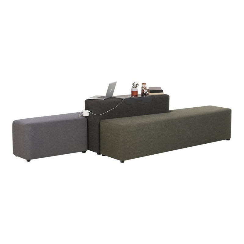Modular sofa with gray and dark green upholstery, featuring smooth textures and minimalist design.