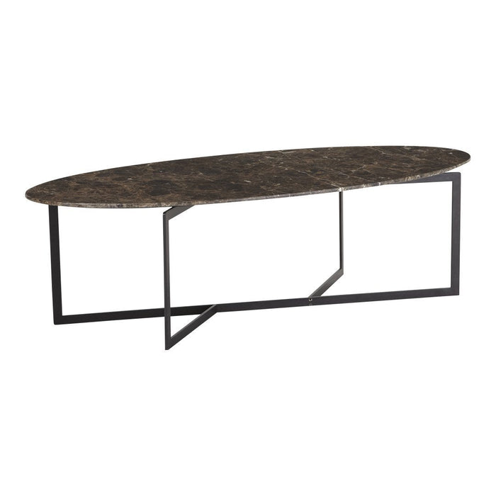 Oval black marble coffee table with subtle grey veining and a sleek black metal frame. Modern design for any decor.