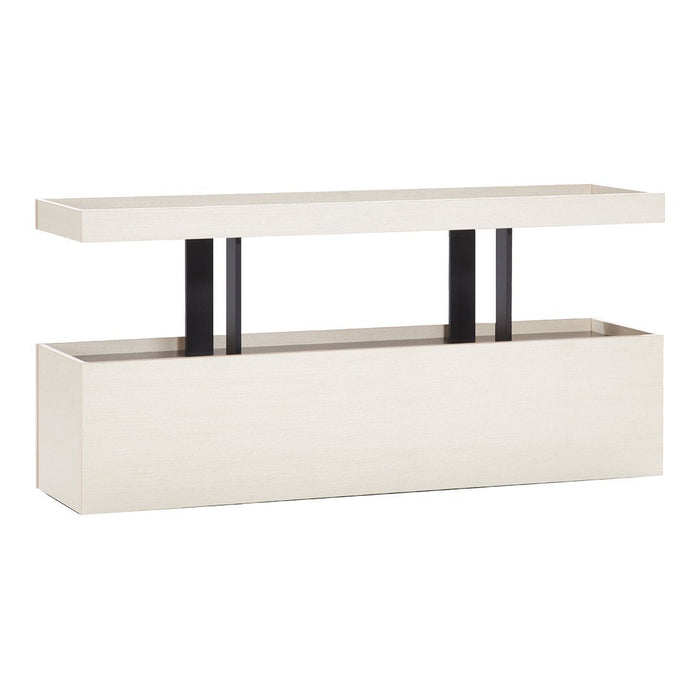 Modern cream and black console table with sleek lines and minimalistic design. Perfect for contemporary interiors.