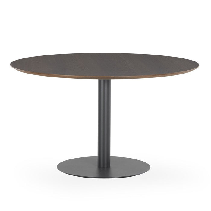 Round dining table in dark wood finish with a sleek black metal base. Modern design with a minimalist aesthetic.
