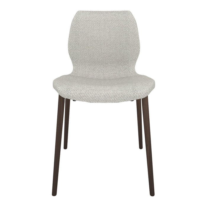 Light gray upholstered dining chair with a textured pattern and dark wooden legs. Modern and versatile design.