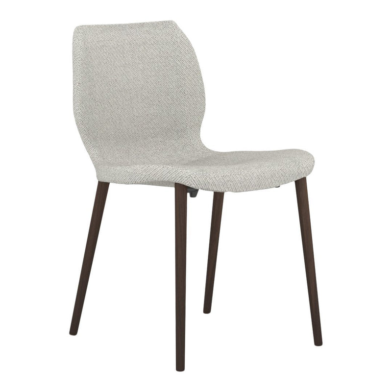 Light gray upholstered chair with a smooth texture and dark wooden legs, featuring a minimalistic design.