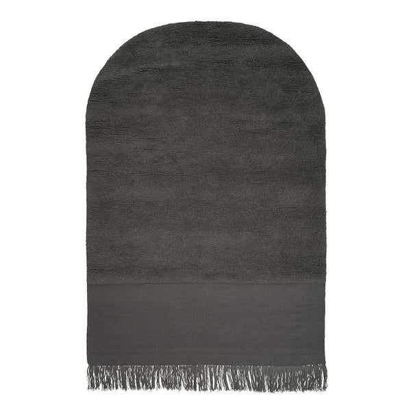 Gray plush towel with a solid dark gray bottom and fringed edges. Smooth texture and elegant arch shape.