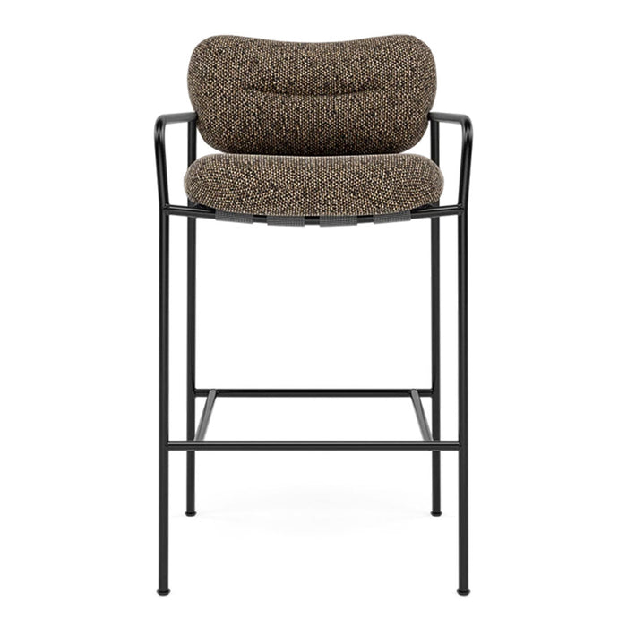 Brown speckled upholstery on a modern black metal stool with a contoured cushion design.