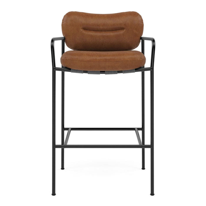 Brown upholstered bar stool with a smooth, rounded seat and sleek black metal frame. Perfect for modern decor.
