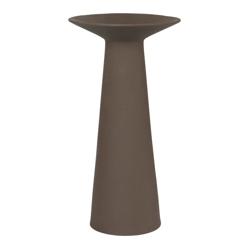 Brown, sleek, and modern pedestal bird feeder with a minimalist design and smooth finish. Perfect for outdoor decor.