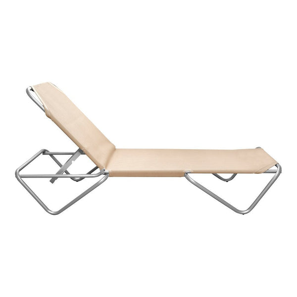 Beige lounge chair with a minimalist design and sleek chrome frame, perfect for outdoor relaxation.