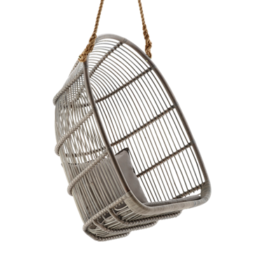 "Stylish gray metal hanging basket with a sleek linear pattern and natural fiber rope for a modern touch."