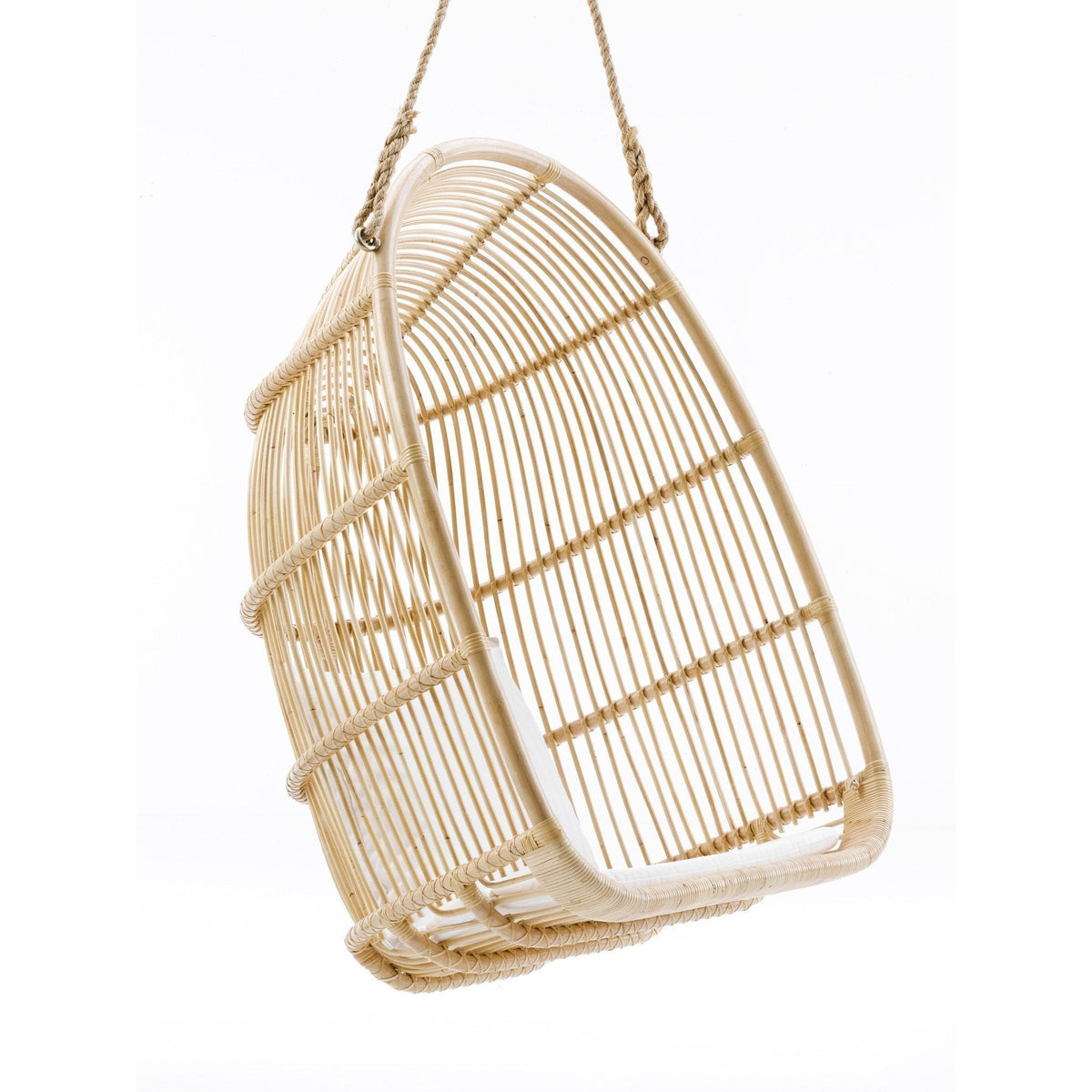 Natural woven bamboo hanging basket in a light beige color with a geometric open pattern. Perfect for decor.