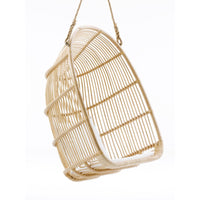 Natural woven bamboo hanging basket in a light beige color with a geometric open pattern. Perfect for decor.