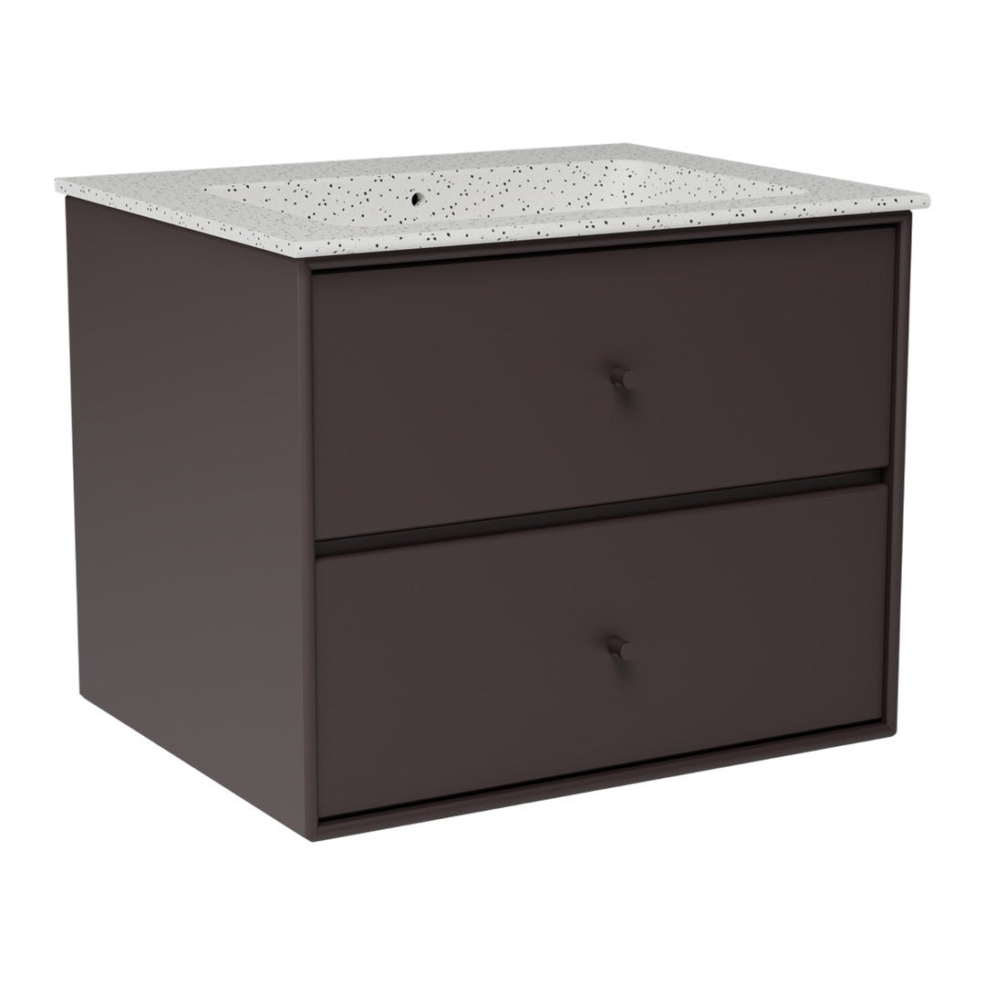 Dark brown vanity cabinet with a speckled white countertop, featuring two sleek drawers for storage.